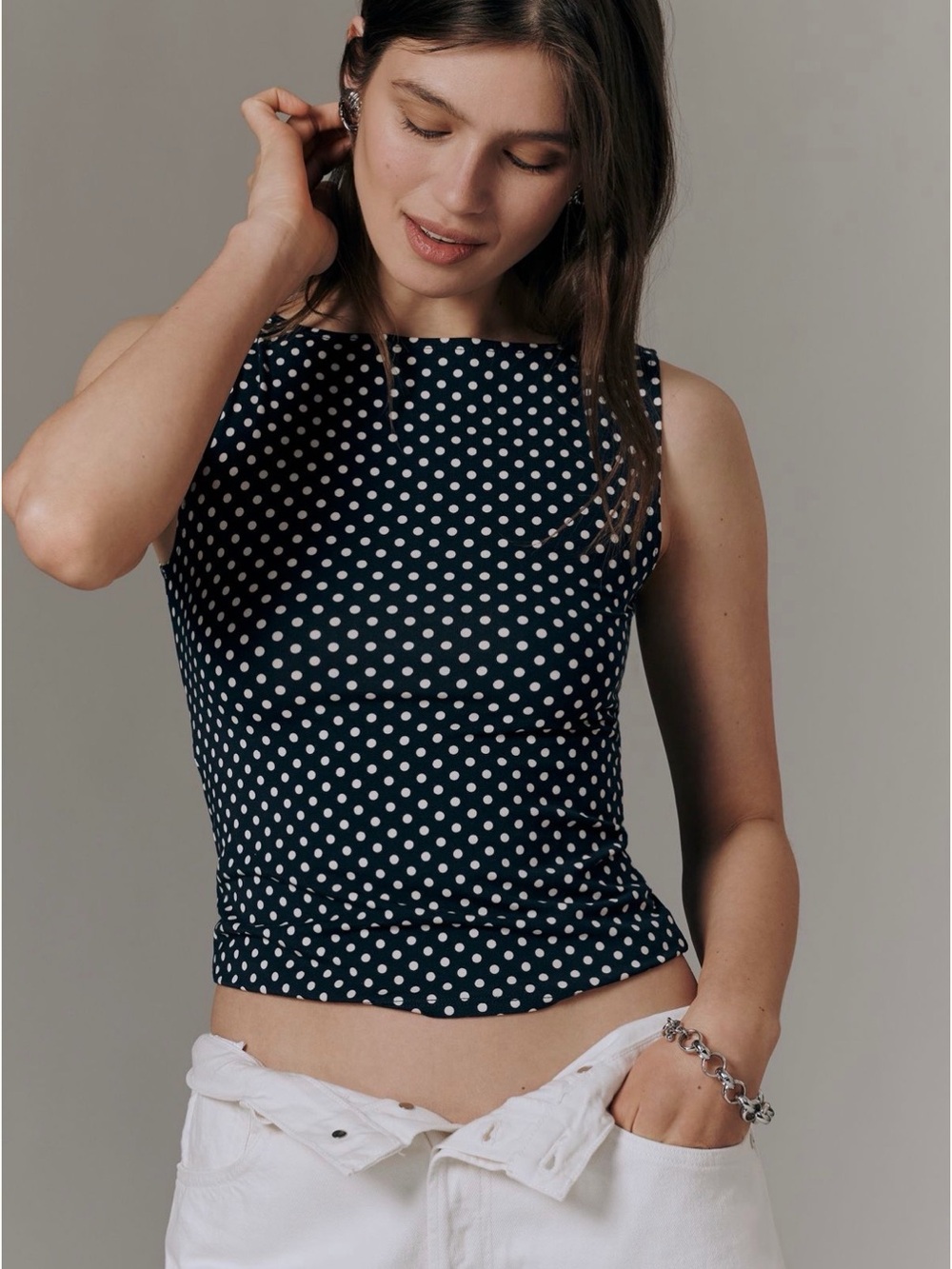 Reformation Dusk Navy and White Polka Dot Sleeveless Tank